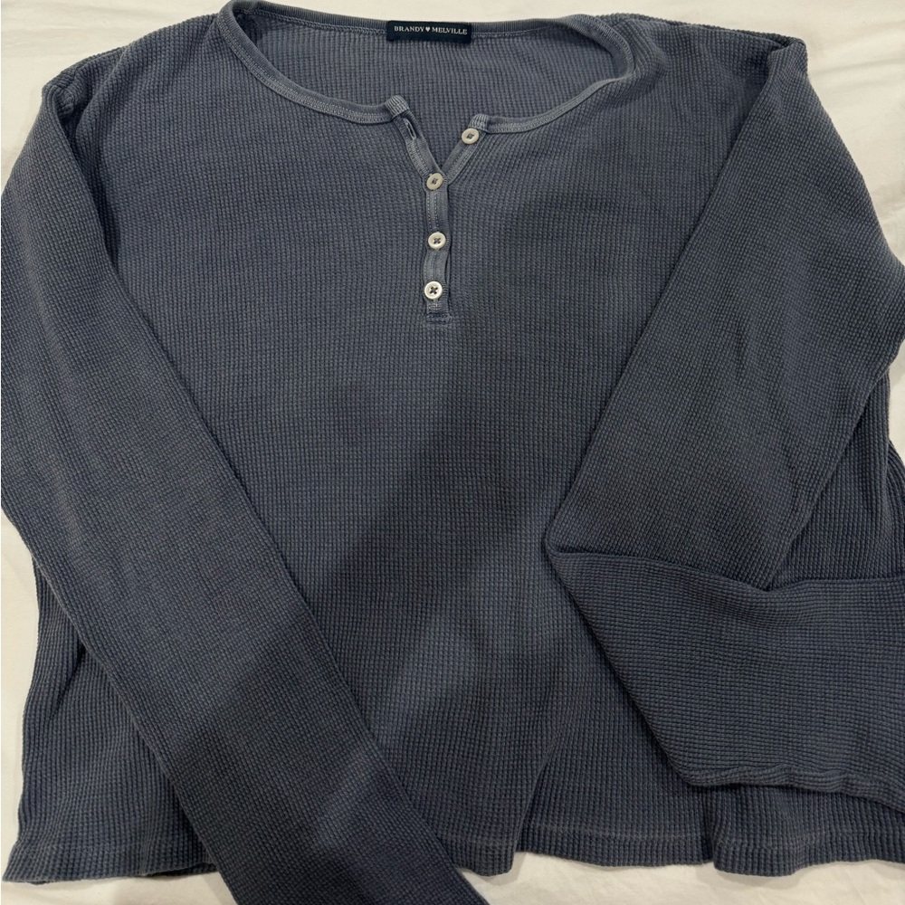 Brandy Melville Blue Waffle Top With Buttons - Picture 2 of 3
